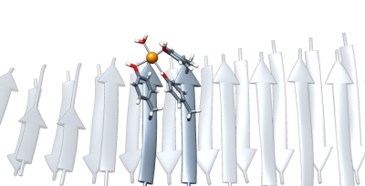 Ilustración de la estructura de las nanoenzimas obtenidas en la que se detalla cómo los aminoácidos tirosina (en rojo) coordinan los iones metálicos (naranja).